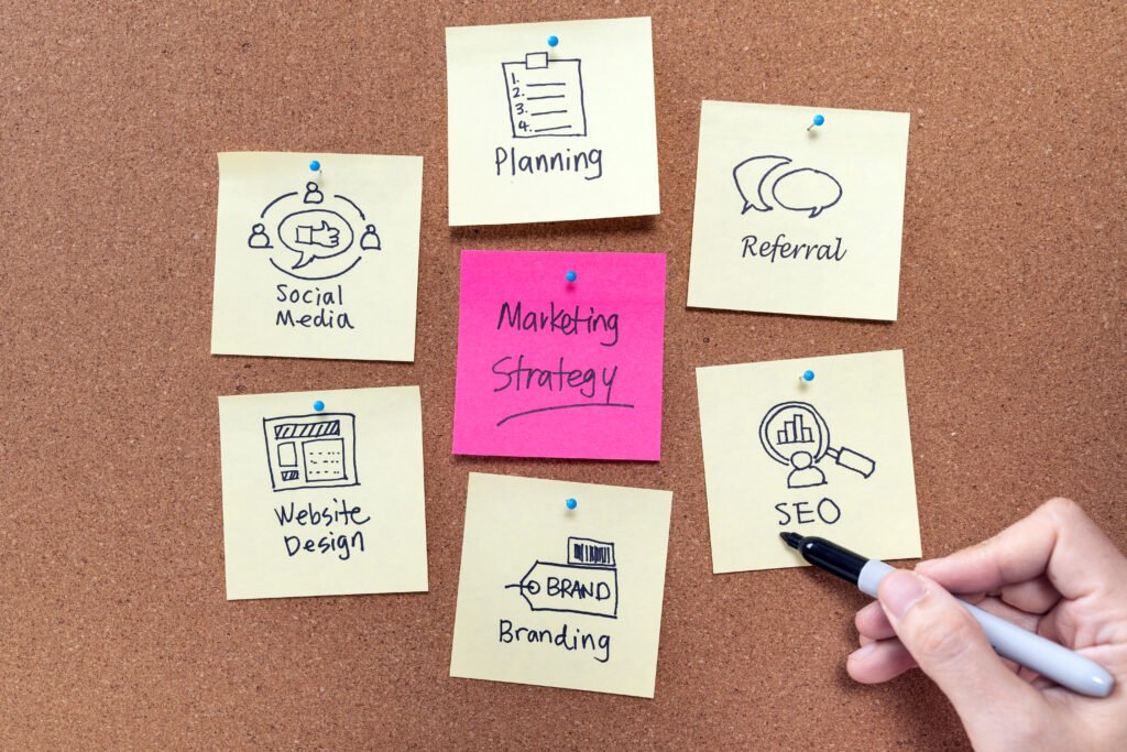 Marketing strategy planning with keywords and icons for business success concept